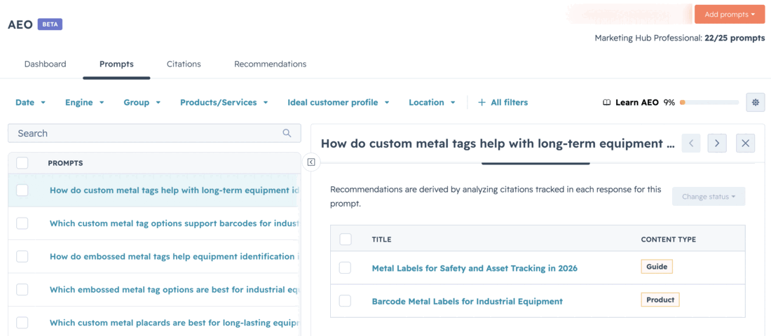 A tracked prompt's Recommendations sub-tab listing suggested content pieces with content types